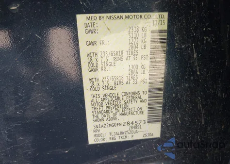 2015 Nissan Murano Sl из США, поврежденный, VIN 5N1AZ2MG0FN284573